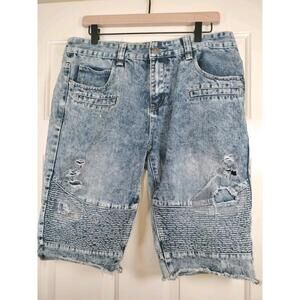 RSVP Black Premium Mens Moto Denim Shorts Blue Acid Wash Distressed Biker Sz 34